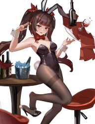 Rule 34 | 1girl, absurdres, alcohol, black hair, bottle, cup, drinking glass, feet, highres, honkai: star rail, honkai (series), ice, ice cube, leotard, light blush, long hair, looking at viewer, pantyhose, parted lips, playboy bunny, red eyes, shoes, sparkle (honkai: star rail), toes, tray, twintails, unworn shoes, wine, wine bottle, wine glass