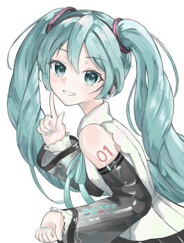 1girl absurdres aqua_eyes aqua_hair aqua_nails aqua_necktie aqua_ribbon arm_tattoo character_name character_name_tattoo collared_shirt commentary_request denden53kasu detached_sleeves hair_between_eyes hair_ornament hatsune_miku hatsune_miku_(nt) headphones headset highres long_hair long_sleeves looking_at_viewer necktie number_tattoo ribbon shirt simple_background sleeveless sleeveless_shirt tattoo twintails upper_body very_long_hair vocaloid white_background white_shirt