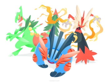 blaziken blue_eyes commentary creature english_commentary full_body furry gen_3_pokemon mega_blaziken mega_evolution mega_pokemon mega_sceptile mega_swampert nintendo orange_eyes pokemon pokemon_(creature) sceptile simple_background starter_pokemon_trio swampert versiris white_background yellow_eyes