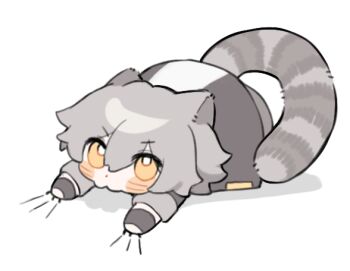 1boy animal_ears biting black_coat black_gloves blanket blush caelus_(honkai:_star_rail) cat_ears cat_tail chibi chibi_only claws coat commentary_request fingerless_gloves from_behind full_body gloves grey_hair hair_between_eyes honkai:_star_rail honkai_(series) hood hooded_coat kemonomimi_mode leonrui long_sleeves looking_up lying male_focus on_stomach short_hair simple_background solo tail trailblazer_(honkai:_star_rail) v-shaped_eyebrows white_background yellow_eyes
