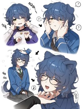 2boys ? absurdres aged_down animal_ears aoba_tsumugi black-framed_eyewear black_sweater blue_hair blue_jacket blue_shirt blush cat_ears cheek_pinching closed_eyes collared_shirt commentary_request dog_ears dog_tail dual_persona ensemble_stars! hair_between_eyes hands_on_another&#039;s_cheeks hands_on_another&#039;s_face highres jacket korean_commentary korean_text male_focus multicolored_hair multiple_boys multiple_views musical_note one_eye_closed pants petting pinching sakasaki_natsume school_uniform scratching_chin semi-rimless_eyewear shirt smile spoken_musical_note spoken_question_mark streaked_hair sweater tail tail_wagging tsmkwa wavy_hair white_shirt yellow_eyes yumenosaki_school_uniform
