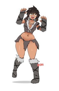 1girl armlet armor bone bone_necklace boots bracelet breasts cleavage facepaint fangs fur_(clothing) fur_boots fur_jacket gloves highres jacket jewelry leather leather_armor leather_boots leather_gloves leather_jacket necklace original pelvic_curtain short_hair signature tamriko wide_hips yellow_eyes