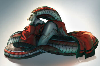 1girl absurdres ass clawed_feet colored_skin dress grey_skin highres lying nuwa_(megami_tensei) off_shoulder on_stomach red_dress shin_megami_tensei shin_megami_tensei_v snake_head_tail solo tail teppu_tora yellow_eyes