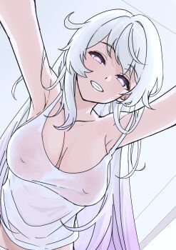 1girl absurdres armpits bikeibikei blue_eyes breasts camisole cleavage covered_erect_nipples diamond-shaped_pupils diamond_(shape) from_below gradient_hair highres honkai_(series) honkai_impact_3rd kiana_kaslana kiana_kaslana_(herrscher_of_finality) large_breasts long_hair looking_at_viewer multicolored_hair pov purple_hair smile solo symbol-shaped_pupils two-tone_hair very_long_hair white_camisole white_hair