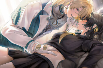 1boy 1girl absurdres alternate_costume aqua_coat black_hair black_serafuku black_shirt black_skirt blonde_hair blush coat eye_contact female_rover_(wuthering_waves) gloves hair_ornament hair_ribbon hairclip half-closed_eyes hand_on_own_stomach hetero highres long_hair looking_at_another luuk_herssen_(wuthering_waves) lying multicolored_coat neckerchief on_back parallel_hairclips parted_lips red_eyes revision ribbon rourou_(been) rover_(wuthering_waves) school_uniform serafuku shirt skirt smile sweatdrop two-tone_coat white_coat white_gloves wuthering_waves yellow_eyes yellow_neckerchief yellow_ribbon