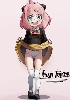 1girl anya_(spy_x_family) black_dress child dress eden_academy_school_uniform full_body green_eyes highres legs loli long_sleeves nude panties pink_hair smile spy_x_family thighhighs underwear upskirt white_panties white_thighhighs