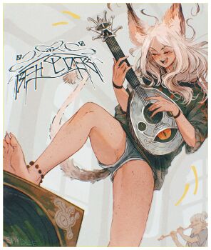 2girls absurdres amplifier animal_ears anklet artist_name asimov_(spindle_(aidenr0)) bare_legs barefoot bead_anklet beads beholder black_sweater blunt_bangs blush body_freckles border bracelet brown_hair cat_ears cat_girl cat_tail ceiling closed_eyes commentary ear_tufts elf english_commentary english_text eyelashes feet fingernails flute foot_out_of_frame foot_up freckles from_below gradient_hair grey_shirt grey_shorts groin_tendon hair_bun hairband highres holding holding_flute holding_instrument indoors instrument izaria_(spindle_(aidenr0)) jewelry knee_up legs long_fingernails long_hair long_sleeves long_toenails loose_hair_strand lute_(instrument) messy_hair metal_band_text motion_lines multicolored_hair multiple_girls music original playing_flute playing_instrument pointy_ears shirt short_shorts shorts signature single_hair_bun soles solo_focus speaker spindle_(aidenr0) spread_legs sweater tail tan toenails toes translated two-tone_hair v-shaped_eyebrows wavy_hair white_border white_hair white_hairband window