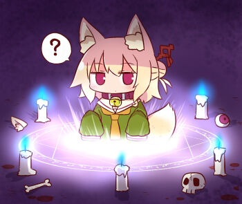 1girl ? animal_ear_fluff animal_ears bell blonde_hair blue_fire blush brown_collar burning candle cartoon_bone closed_mouth collar detached_ears eyeball female_focus fire fox_ears fox_girl fox_tail glowing green_shirt hair_between_eyes hair_bun hair_ornament highres jingle_bell kemomimi-chan_(naga_u) long_sleeves magic_circle naga_u neck_bell orange_neckwear original red_eyes sailor_collar shirt single_hair_bun skull sleeves_past_fingers sleeves_past_wrists solo spoken_question_mark summoning tail white_sailor_collar