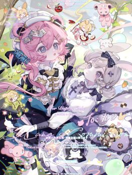 2girls :o absurdres animal_ears bear_ears black_bow blue_eyes bow chibi chibi_inset closed_mouth commission doll_joints dress frills hair_bow hair_intakes hair_ornament hairpin halo headdress highres joints juliet_sleeves juzi_doubanjiang long_hair long_sleeves mihuashi_commission multiple_girls original pink_hair puffy_sleeves purple_dress purple_eyes rabbit_ears rabbit_girl stuffed_animal stuffed_toy watermark white_halo white_headdress