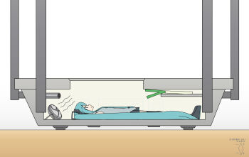 1girl aqua_hair aqua_necktie artist_logo artist_name black_boots black_skirt boots closed_mouth collared_shirt commentary dated digiral electric_fan english_commentary english_text from_side full_body grey_shirt hair_ornament hatsune_miku headphones highres logo long_hair lying meme miniskirt necktie pleated_skirt router saddam_hussein&#039;s_hiding_place_(meme) shirt skirt sleeveless sleeveless_shirt smile solo spring_onion textless_version thigh_boots twintails very_long_hair vocaloid