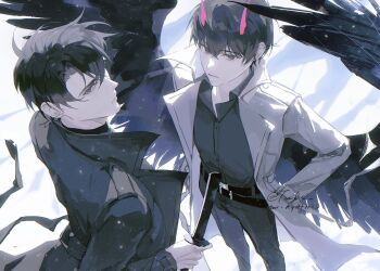 2boys backlighting black_coat black_eyes black_hair black_shirt black_wings coat collared_shirt demon_horns feathered_wings feet_out_of_frame from_above hand_in_pocket highres holding holding_sheath horns kim_dokja light_particles looking_at_viewer male_focus multiple_boys omniscient_reader&#039;s_viewpoint open_clothes open_coat popped_collar scabbard sheath shirt short_hair twle white_coat wings yoo_joonghyuk