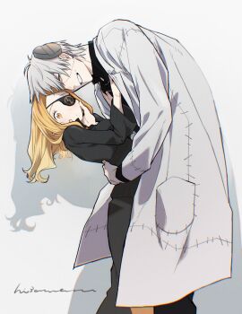 1boy 1girl arm_around_waist black_pants black_shirt black_skirt blonde_hair coat drop_shadow eyepatch franken_stein_(soul_eater) grey_hair grin hand_on_another&#039;s_face hetero highres hissiu lab_coat leaning_back leaning_forward long_sleeves looking_at_viewer marie_mjolnir medium_hair object_through_head pants screw_in_head shirt short_hair simple_background skirt smile soul_eater stitched_face stitches white_background white_coat yellow_eyes