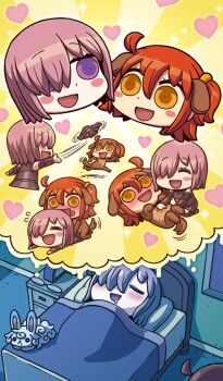 Rule 34 | 2girls, ahoge, animal costume, animal ears, bed, blush, chinese zodiac, closed eyes, commentary, creature, dog costume, dog ears, extra ears, fake animal ears, fate/grand order, fate (series), female pervert, fetch, fou (fate), fujimaru ritsuka (female), glasses, hair between eyes, hair over one eye, heart, humping, indoors, lord camelot (fate), lying, mash kyrielight, mash kyrielight (demi-servant), motion lines, multiple girls, night, nightstand, official art, on back, one side up, orange eyes, orange hair, pervert, pink hair, purple eyes, riyo (lyomsnpmp), saliva, shared dream, shared speech bubble, sleeping, sparkle, speech bubble, tail, tail wagging, third-party source, thought bubble, throwing, tongue, tongue out, unworn eyewear, year of the dog, yellow background, yuri