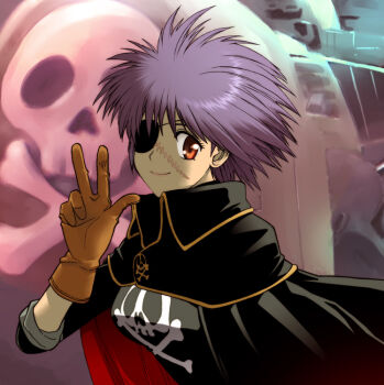1970s_(style) 1980s_(style) 1girl arcadia cape cloak cosplay eyepatch female_focus gloves harlock harlock_(cosplay) harlock_saga kikumaru_bunta mecha oldschool retro_artstyle robot scar skull skull_and_crossbones solo spacecraft uchuu_kaizoku_captain_harlock v waga_seishun_no_arcadia