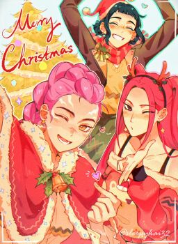 3girls animal_ornament animal_print antlers bare_shoulders bear_print bell black_hair black_tank_top blowing_kiss body_markings braid brown_eyes brown_jacket capelet christmas christmas_tree closed_eyes collarbone cropped_jacket dangling_earring dutch_braided_ponytail earrings fake_antlers finger_heart fur-trimmed_capelet fur-trimmed_sweater fur_trim gold_earrings green_skirt hat heart highres holly horns huntrix jacket jewelry kpop_demon_hunters long_hair medium_hair merry_christmas mira_(kpop_demon_hunters) multiple_earrings multiple_girls one_eye_closed open_mouth parted_bangs pink_hair purple_hair red_capelet red_scarf red_sweater reindeer_antlers rumi_(kpop_demon_hunters) santa_hat scarf skirt sleepykai32 smile sparkle star_(symbol) star_earrings sweater sweater_vest tank_top two_side_up yellow_eyes yellow_sweater_vest zoey_(kpop_demon_hunters)