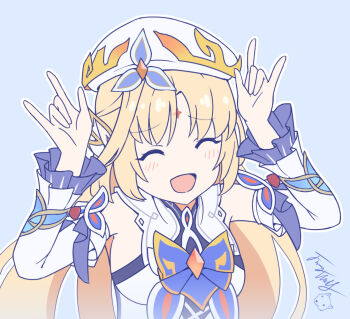 1girl :d ^_^ bare_shoulders blonde_hair blue_background blush breasts chinese_commentary closed_eyes commentary_request detached_sleeves dress forehead_jewel genshin_impact hat langbazi long_hair medium_breasts nico_nico_nii nicole_(genshin_impact) open_mouth pointy_ears signature simple_background smile solo upper_body