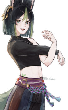 Rule 34 | animal ears, black hair, black shirt, commentary, cowboy shot, cross-body stretch, genshin impact, green hair, hair between eyes, highres, looking at viewer, midriff, multicolored hair, navel, oimo (0o oimo ), open mouth, pants, shirt, simple background, single bare shoulder, smile, streaked hair, symbol-only commentary, tail, tighnari (genshin impact), white background