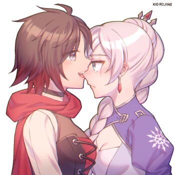 2girls artist_name black_hair blue_eyes blush cape cloak commentary_request corset grey_eyes hood hooded_cloak jewelry kio_rojine multicolored_hair multiple_girls red_cape red_hair ruby_rose rwby scar scar_across_eye scar_on_face simple_background smile tiara weiss_schnee white_background white_hair yuri
