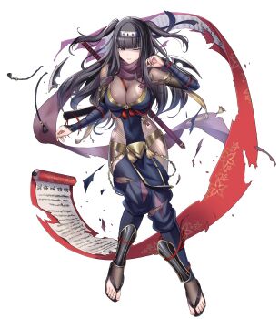 1girl alternate_costume black_eyes black_hair black_scarf bodystocking bodysuit breasts cleavage covered_navel damaged female_focus fire_emblem fire_emblem_awakening fire_emblem_heroes fishnet_bodystocking fishnets headband highres japanese_clothes large_breasts long_hair matching_hair/eyes navel ninja nintendo non-web_source official_alternate_costume official_art one_eye_closed partially_shaded_face sandals scarf scroll solo sword sword_on_back tassel tharja_(fire_emblem) tharja_(ninja)_(fire_emblem) toes torn_bodysuit torn_clothes two_side_up weapon weapon_on_back wince
