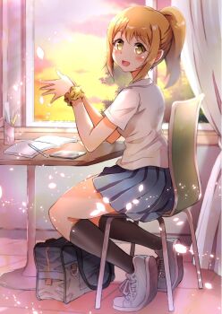 1girl absurdres aqua_shoes artist_collaboration bag black_socks blue_skirt book brown_eyes ca2la cellphone chair commentary_request curtains desk evening from_side glowing glowing_petals high_ponytail highres indoors jikkyou_powerful_pro_yakyuu jikkyou_powerful_soccer kneehighs kokora_(kokorahen) looking_at_viewer mechanical_pencil notebook okuzono_ayu on_chair open_book open_mouth orange_hair palms_together pawahotel3021 pencil pencil_case petals phone ponytail ruler school_bag scrunchie shirt shoes short_sleeves sitting skirt smartphone socks solo white_shirt window wrist_scrunchie yellow_scrunchie