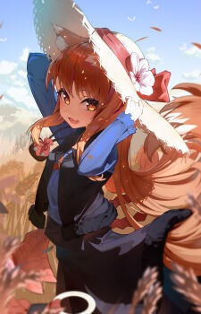 1girl :d absurdres adapted_costume animal_ear_fluff animal_ears backlighting black_skirt black_vest blue_shirt blue_sky blurry blush bow brown_hair chinese_commentary commentary_request cowboy_shot day depth_of_field dongyang_kissoml fang floating_hair flower frilled_sleeves frills fur-trimmed_skirt fur-trimmed_vest fur_trim hand_on_headwear hands_up hat hat_bow hat_flower highres holo jewelry long_hair long_skirt long_sleeves looking_at_viewer mountainous_horizon necklace open_clothes open_mouth open_vest outdoors partial_commentary red_bow red_eyes shirt sidelocks skin_fang skirt sky smile solo spice_and_wolf straight_hair straw_hat sunlight tail tail_raised very_long_hair vest wheat wheat_field white_flower wolf_ears wolf_girl wolf_tail