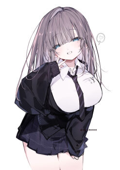 1girl black_cardigan black_necktie black_skirt blue_eyes breasts cardigan center-flap_bangs collared_shirt commentary_request cowboy_shot diagonal-striped_clothes diagonal-striped_necktie grey_hair grin hand_up heart highres komejima_nenne large_breasts leaning_forward long_hair long_sleeves looking_at_viewer miniskirt necktie original school_uniform shirt simple_background skirt sleeves_past_wrists smile solo speech_bubble spoken_heart standing striped_clothes twitter_username v white_background white_shirt