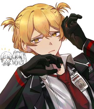 1boy 2girls black_gloves blonde_hair collared_shirt don_quixote_(project_moon) gloves hands_up id_card ishmael_(project_moon) limbus_company m_ttl male_focus multiple_girls necktie project_moon red_necktie shirt short_twintails simple_background sinclair_(project_moon) solo_focus suspenders twintails white_background white_shirt yellow_eyes