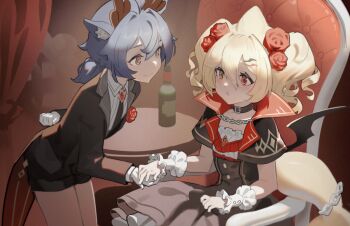 1boy 1girl animal_ears antlers arm_behind_back bat_wings belt_collar bilibili_581334 black_dress blonde_hair blush bottle chain chair chinese_commentary collar commentary_request commission curly_hair deer_ears dress fins fish_tail flower frilled_dress frills gem gloves hair_between_eyes hair_flower hair_ornament hairclip heterochromia highres holding_hands horns indie_virtual_youtuber kaofish leaning_forward long_bangs long_sleeves looking_at_another lutou on_chair open_mouth red_eyes red_flower red_rose rose second-party_source shark_tail shirt shorts sitting standing tail tailcoat waiter white_gloves white_shirt wine_bottle wings wrist_cuffs yellow_eyes