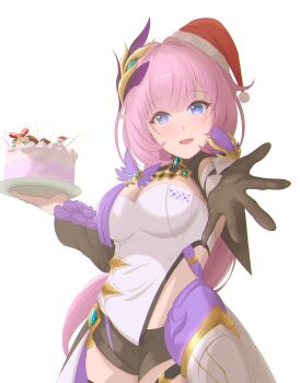 1girl aruko black_gloves black_shorts black_shrug blue_eyes breasts cake cleavage commentary_request corset elysia_(honkai_impact) elysia_(miss_pink_elf)_(honkai_impact) food gloves hair_ornament hat highres holding holding_cake holding_food honkai_(series) honkai_impact_3rd large_breasts long_hair looking_at_viewer pink_hair reaching reaching_towards_viewer santa_hat shorts shrug_(clothing) simple_background single_glove solo thighs very_long_hair white_background white_corset