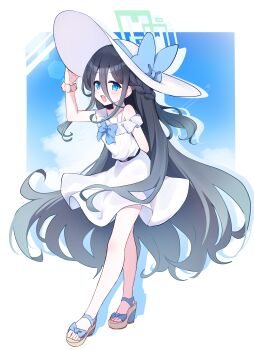 1girl :d absurdres alternate_costume alternate_hairstyle aris_(blue_archive) arm_behind_back belt black_belt black_hair blue_archive blue_bow blue_bowtie blue_eyes blush bow bowtie braid brown_sandals brown_scrunchie cloud collarbone commentary_request double-parted_bangs dress drop_shadow footwear_bow frilled_dress frills full_body gradient_hair green_halo grey_hair hair_between_eyes half_up_half_down_braid halo hand_on_headwear hat hat_bow high_heel_sandals highres koroyarou leaning_forward long_bangs long_hair long_hair_between_eyes long_sidelocks looking_at_viewer multicolored_hair off-shoulder_dress off_shoulder open_mouth platform_sandals rectangular_halo sandals scrunchie sidelocks single_bare_shoulder sky smile solo standing sun_hat sundress toes very_long_hair white_background white_dress white_hat wrist_scrunchie