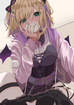 2girls absurdres belt black_ribbon blush breasts collared_shirt colored_inner_hair d-pad d-pad_hair_ornament demon_wings fangs fingernails flustered green_eyes grin hair_ornament hair_ribbon hairclip hand_on_own_face heart heart_hair_ornament highres hood hoodie indoors kurumi_noah kurumi_noah_(3rd_costume) large_breasts long_sleeves looking_at_viewer medium_hair multicolored_hair multiple_girls o-ring o-ring_thigh_strap pink_belt pink_hair pink_hoodie pink_nails purple_wings ribbon saria_art shirt smile solo_focus teeth thigh_strap thighs two-tone_hair two_side_up virtual_youtuber vspo! white_shirt wings yuri