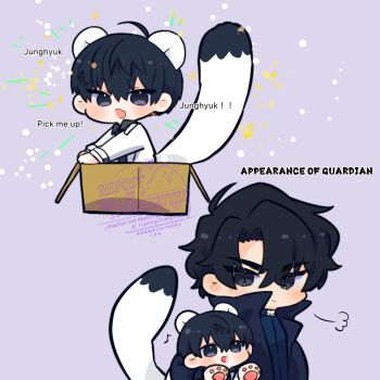 2boys :d animal_ears animal_hands black_coat black_eyes black_hair black_shirt box breath coat collared_shirt double-parted_bangs gloves hair_between_eyes hashtag-only_commentary highres in_box in_container kemonomimi_mode kim_dokja kimidori_22 looking_at_another male_focus mini_person miniboy mouse_ears mouse_tail multiple_boys omniscient_reader&#039;s_viewpoint open_clothes open_coat open_mouth paw_gloves popped_collar shirt short_hair size_difference smile tail white_coat yoo_joonghyuk