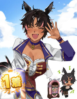 1girl ^_^ animal_ears black_hair bodice bon_(vtuber) breasts chibi chibi_inset choripan cleavage closed_eyes collar commentary cropped_jacket dark-skinned_female dark_skin ear_piercing english_commentary fang hand_up horse_ears horse_girl horse_tail indie_virtual_youtuber jukebox large_breasts multicolored_hair multiple_views musical_note navel open_mouth piercing pink_hair short_hair smile spiked_ear_piercing starting_future_(umamusume) stomach tail two-tone_hair umamusume virtual_youtuber