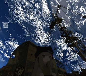 1girl absurdres animal_ears black_hat cat_ears cloud collared_shirt construction_site crane_(machine) hat hayasabro highres long_hair long_sleeves necktie original outdoors shirt sky solo upper_body vest x_mouth