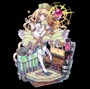 1girl apron black_background blue_eyes blue_shoes blunt_bangs blush breasts closed_mouth dress fence flats full_body gloves glowing hand_up hat heart highres holding holding_staff long_hair lulue_(merc_storia) medium_breasts merc_storia merc_storia_art_team nurse nurse_cap official_art pantyhose puffy_short_sleeves puffy_sleeves shoes short_sleeves simple_background smile solo staff standing striped_clothes striped_dress tachi-e test_tube very_long_hair wavy_hair white_apron white_gloves white_pantyhose wooden_floor yellow_dress yellow_hat