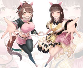 2girls absurdres black_corset blush boots breasts brown_eyes brown_hair commentary_request corset cropped_shirt dantsu_flame_(center_spotlight)_(umamusume) dantsu_flame_(umamusume) ear_covers fukushima_haruna green_boots green_pantyhose heart heart_hands heart_hands_duo highres jacket kaniitama large_breasts long_hair multiple_girls navel open_mouth pantyhose pink_shirt pink_shoes pink_shorts ponytail reaching reaching_towards_viewer real_life shirt shoes shorts skirt stomach umamusume voice_actor voice_actor_connection white_jacket white_shirt yellow_eyes yellow_skirt zoom_layer