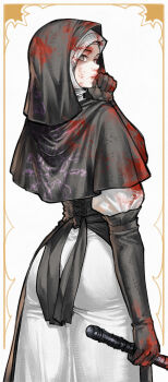 Rule 34 | 1girl, ass, black capelet, black gloves, black hood, blood, blood on face, capelet, commentary, dress, elbow gloves, elden ring, elden ring nightreign, english commentary, gloves, highres, holding, holding weapon, hood, kamisato sora, looking at viewer, mace, nun, solo, undertaker (elden ring), weapon, white coif