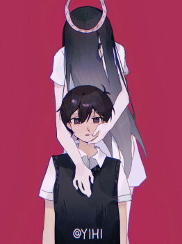 1boy 1girl absurdres aegyo_sal antenna_hair arms_at_sides artist_name bare_arms black_eyes black_hair black_sweater_vest blood blood_on_face blush bright_pupils brother_and_sister brown_halo chromatic_aberration collared_shirt commentary_request cowboy_shot crying crying_with_eyes_open double-parted_bangs dress empty_eyes film_grain hair_behind_ear hair_between_eyes hair_over_eyes halo hand_on_another's_cheek hand_on_another's_chest hand_on_another's_face highres long_hair looking_at_viewer mari_(faraway)_(omori) mari_(omori) medium_dress no_pupils no_sclera nosebleed omori one_eye_covered pale_skin parted_lips raised_inner_eyebrows red_background rope rope_halo shirt short_hair short_sleeves siblings simple_background spoilers standing straight_hair sunny_(omori) sweater_vest tears upper_body very_long_hair very_short_hair white_dress white_pupils white_shirt yihi