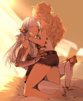 2girls android black_nails black_shorts blonde_hair bvbu commentary english_commentary freckles genshin_impact grey_eyes hand_in_another's_hair hand_on_another's_waist highres ineffa_(genshin_impact) jahoda_(genshin_impact) joints long_hair multiple_girls parted_lips robot_joints shirt shorts white_shirt yuri