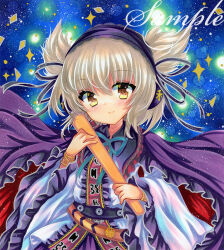 Rule 34 | 1girl, belt, blonde hair, blue background, bracelet, brown eyes, cape, closed mouth, earmuffs, embellished costume, frilled cape, frills, holding, jewelry, long sleeves, looking at viewer, marker (medium), pointy hair, purple cape, ribbon, ritual baton, rui (sugar3), sample watermark, shirt, short hair, smile, solo, sparkle, touhou, toyosatomimi no miko, traditional media, upper body, watermark, white shirt, wide sleeves