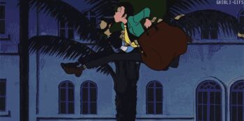 1970s_(style) 2boys animated animated_gif arsene_lupin_iii bag bandit beard black_hair black_jacket building castle_of_cagliostro cigarette facial_hair formal_clothes green_jacket hat jacket jigen_daisuke jumping lowres lupin_iii money multiple_boys necktie obstacle_race oldschool palm_tree parody retro_artstyle running shoes short_hair sideburns smoking tree white_necktie yellow_necktie