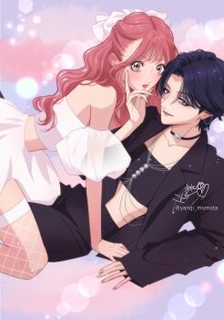 2girls aoi-kun_ga_ikemen_sugite_tsurai aoi_(aoi-kun_ga_ikemen_sugite_tsurai) bare_shoulders black_choker black_hair black_jacket black_pants black_tube_top bow choker closed_mouth commentary_request crop_top ear_piercing fishnet_thighhighs fishnets jacket long_sleeves midriff miri_(aoi-kun_ga_ikemen_sugite_tsurai) multiple_girls off-shoulder_shirt off_shoulder original pants parted_lips piercing pink_eyes pink_hair red_lips shirt short_hair signature skirt smile straddling strapless thighhighs tube_top twitter_username white_bow white_shirt white_skirt white_thighhighs yanqi_momota yuri