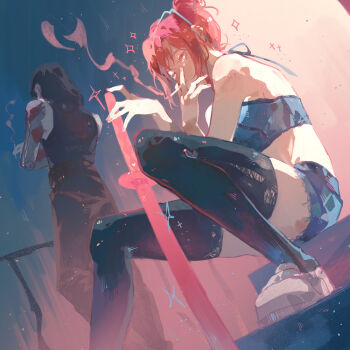 1boy 1girl absurdres bare_shoulders black_hair cigarette crop_top cyberpunk_(series) cyberpunk_2077 cyborg dutch_angle eyewear_on_head facing_away feet_out_of_frame highres holding holding_cigarette holding_sword holding_weapon johnny_silverhand long_hair looking_at_viewer mechanical_arms night pants penguin_ayan prosthesis prosthetic_arm red_hair shoes short_shorts shorts single_mechanical_arm sitting sky smoking standing sword tank_top thighhighs torn_clothes torn_thighhighs v_(cyberpunk) weapon