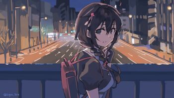 1girl adapted_costume ahoge backpack bag black_hair black_shirt blue_eyes braid hair_flaps hair_over_shoulder kantai_collection lamppost long_hair looking_at_viewer railing road sailor_collar sailor_shirt school_uniform serafuku shigure_(kancolle) shigure_kai_san_(kancolle) shirt single_braid solo sugue_tettou upper_body white_sailor_collar