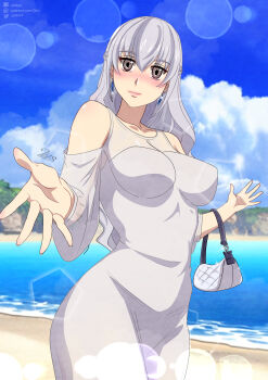 1girl absurdres aged_up bag beach breasts detached_sleeves dress earrings full_metal_panic! full_metal_panic!_family grey_eyes handbag hat highres holding holding_bag jewelry large_breasts long_hair looking_at_viewer medium_breasts outdoors outstretched_hand smile solo teletha_testarossa twobless variant_set white_hair