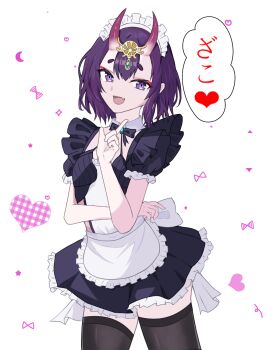 1girl apron black_dress black_thighhighs blush bow bowtie breasts brooch detached_collar dress eyeliner fate/grand_order fate_(series) headpiece heart highres horns jewelry looking_at_viewer m00nf1sh maid maid_headdress makeup oni open_mouth puffy_short_sleeves puffy_sleeves purple_eyes purple_hair short_dress short_hair short_sleeves shuten_douji_(fate) skin-covered_horns small_breasts smile speech_bubble thighhighs thighs translation_request waist_apron white_apron
