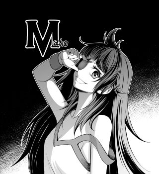 1girl absurdres bare_shoulders black_background breasts character_name commentary eibon evil_grin evil_smile eyepatch greyscale grin highres hiyajou_maho long_hair looking_at_viewer monochrome science_adventure sideboob simple_background sleeve_pull small_breasts smile solo steins;gate steins;gate_0 tank_top upper_body very_long_hair wide-eyed