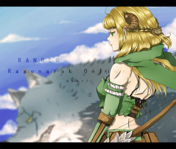 1girl akari-tkn artist_name back blonde_hair blue_sky bow_(weapon) bra_strap braid breasts brown_horns character_name commentary_request copyright_name day elbow_gloves gloves green_eyes green_gloves green_scarf green_shorts green_tube_top half_up_braid holding holding_bow_(weapon) holding_weapon horns letterboxed long_hair looking_afar medium_breasts outdoors pointy_ears ragnarok_online ranger_(ragnarok_online) scarf shorts sky solo strapless tube_top upper_body weapon wolf