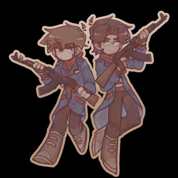 2boys assault_rifle belo_icey black_background black_pants blue_coat boots brown_hair cigarette coat commentary eddsworld full_body gun highres holding holding_gun holding_weapon jitome male_focus multiple_boys pants patryck_(eddsworld) paul_(eddsworld) red_sweater rifle short_hair simple_background sweater thick_eyebrows thick_lineart turtleneck turtleneck_sweater variant_set weapon