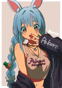 Rule 34 | 1girl, animal ear fluff, animal ears, artist name, blue hair, blush, border, braid, breasts, carrot, carrot hair ornament, chain choker, character name, choker, earrings, fingernails, food-themed hair ornament, hair ornament, hashtag-only commentary, hasu, heart, heart necklace, highres, hikimayu, hololive, hoop earrings, jacket, jacket partially removed, jewelry, long hair, long sleeves, looking at viewer, midriff, multicolored hair, nail polish, navel, necklace, open mouth, orange eyes, rabbit-shaped pupils, rabbit ears, rabbit girl, romaji text, short eyebrows, simple background, single bare shoulder, sleeves past wrists, solo, standing, symbol-shaped pupils, tank top, teeth, thick eyebrows, twin braids, twintails, two-tone hair, upper body, upper teeth only, usada pekora, virtual youtuber, white border, white hair